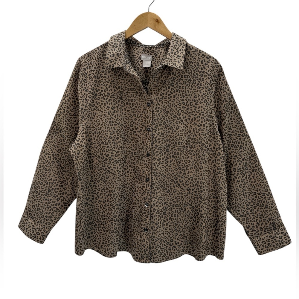 Chico’s No Iron Coolmax Leopard Print Shirt Button Long Sleeve Travel Classic 3